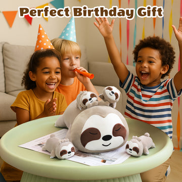 Sloth stuffed animal family set with one parent plush and four baby sloths