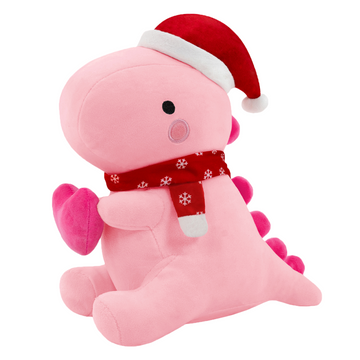 SQEQE Christmas dinosaur plush toy shown in a branded holiday studio display