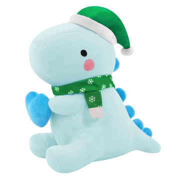 SQEQE Christmas dinosaur stuffed animal shown in a branded holiday studio display