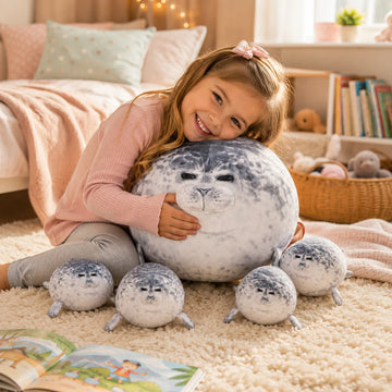 SQEQE seal plush family set with one parent stuffed animal and four baby seals
