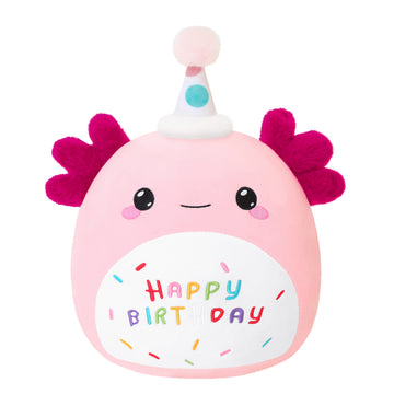 SQEQE birthday axolotl plush toy shown in a branded studio product display