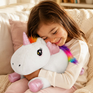 White unicorn plush toy shown individually against a dark background