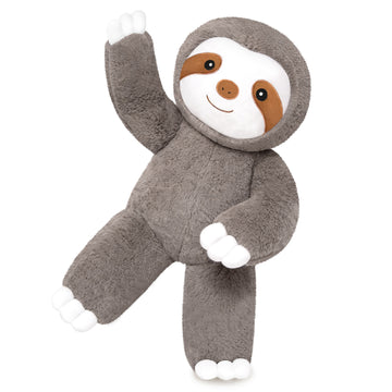 SQEQE giant sloth stuffed animal shown in a branded studio product display