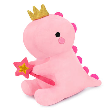 SQEQE dinosaur plush toy shown in a branded studio display with a rounded plush body