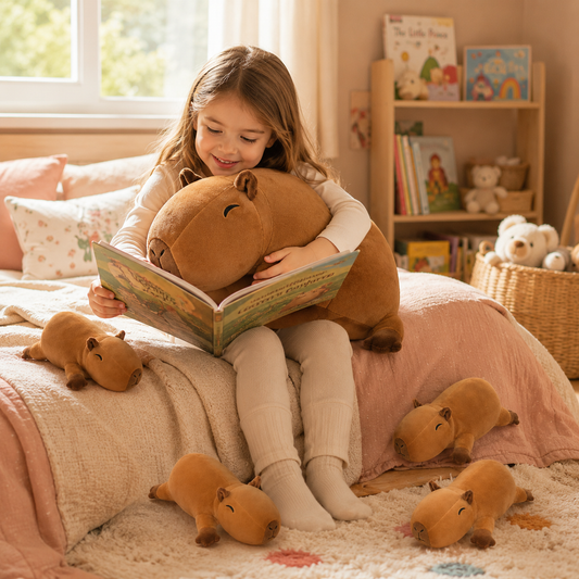 SQEQE capybara stuffed animal with babies shown in a branded plush family set display