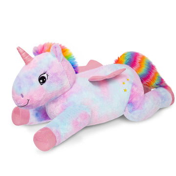 SQEQE giant unicorn plush pillow shown in a branded studio product display
