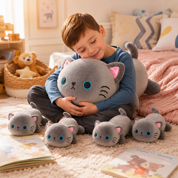 Gray cat plush family set with one parent stuffed animal and four baby cats