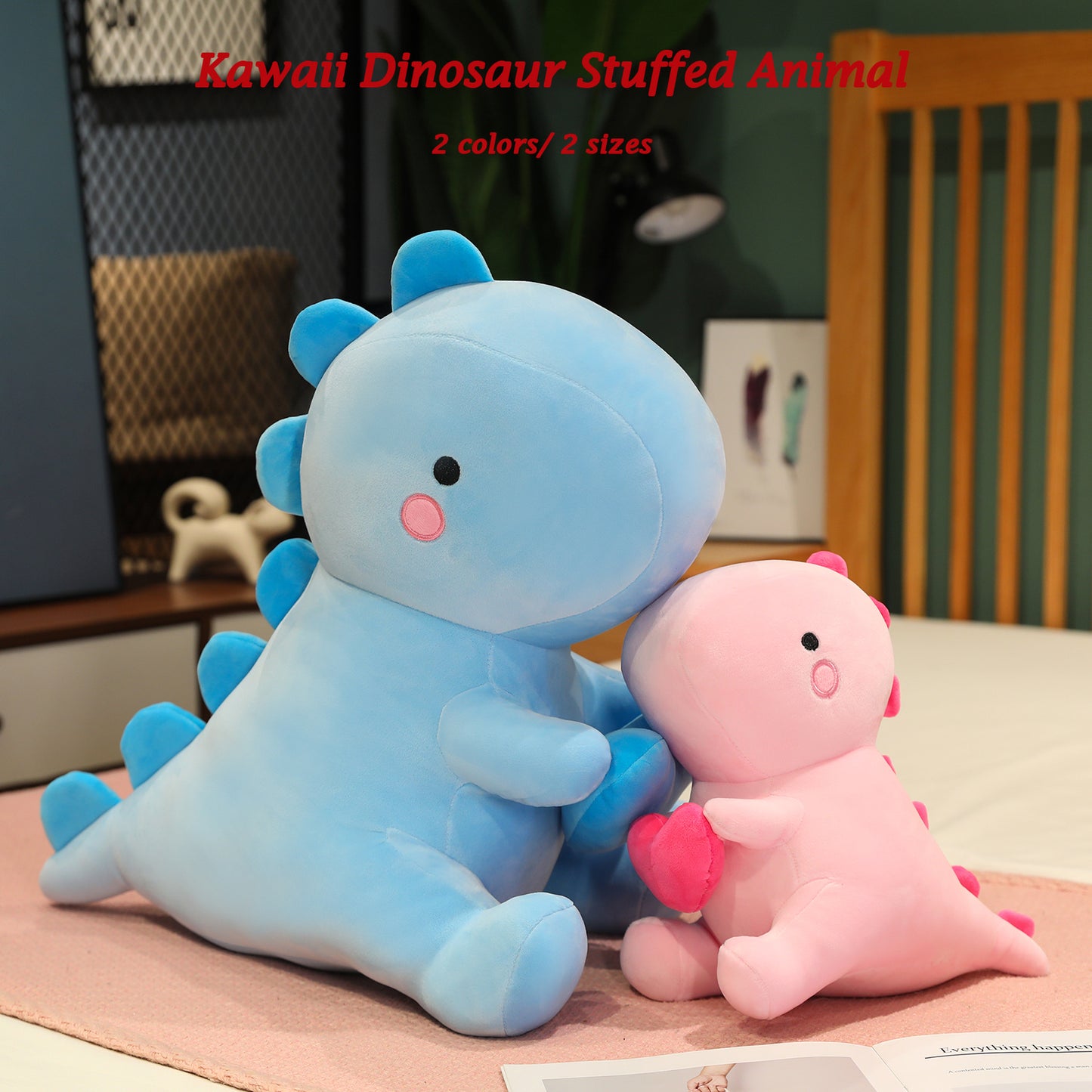 SQEQE dinosaur plush pillow paired with another dinosaur plush in a home setting