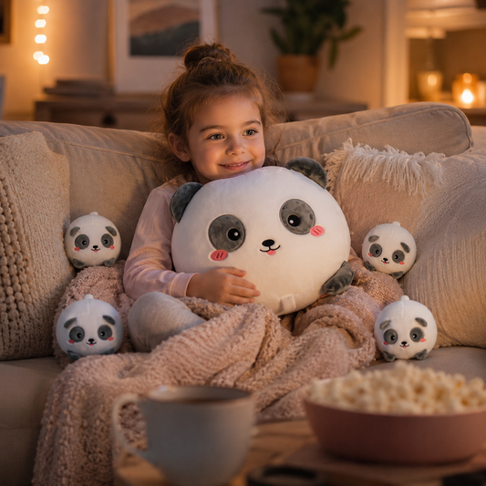 SQEQE panda stuffed animal with babies shown in a branded plush family set display