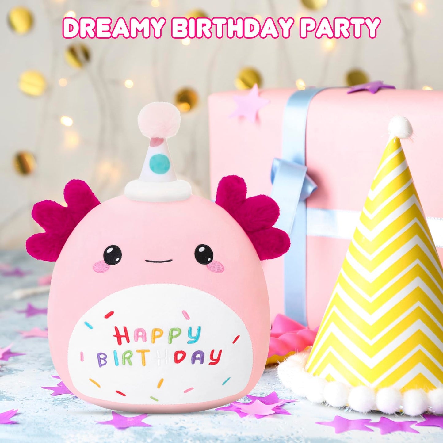 SQEQE birthday axolotl plush toy displayed beside party decorations in a product scene