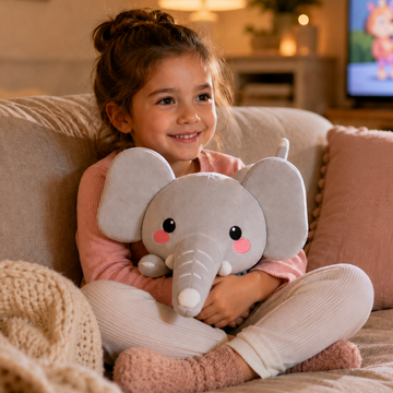 Gray elephant plush toy shown individually in a full product view