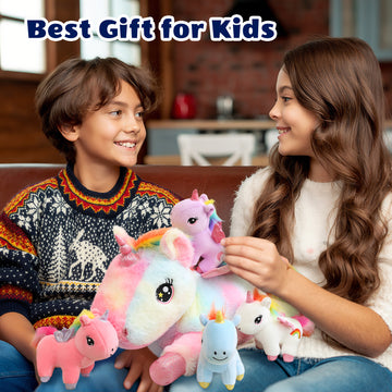 Unicorn stuffed animal family set with one parent plush and four baby unicorns