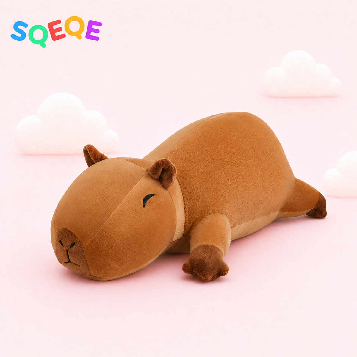 SQEQE capybara stuffed animal shown in a branded low profile product display