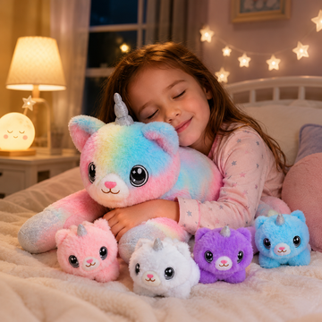 SQEQE caticorn stuffed animal with babies displayed with four baby caticorn plush toys on a plain background