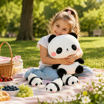 Panda stuffed animal family set with one large parent plush and four baby pandas