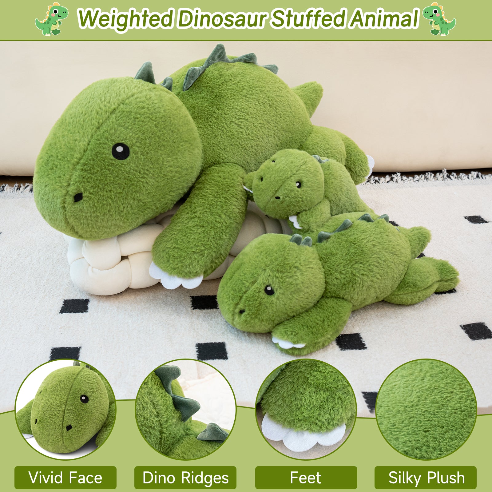 SQEQE weighted dinosaur stuffed animal shown in a plush feature and construction guide