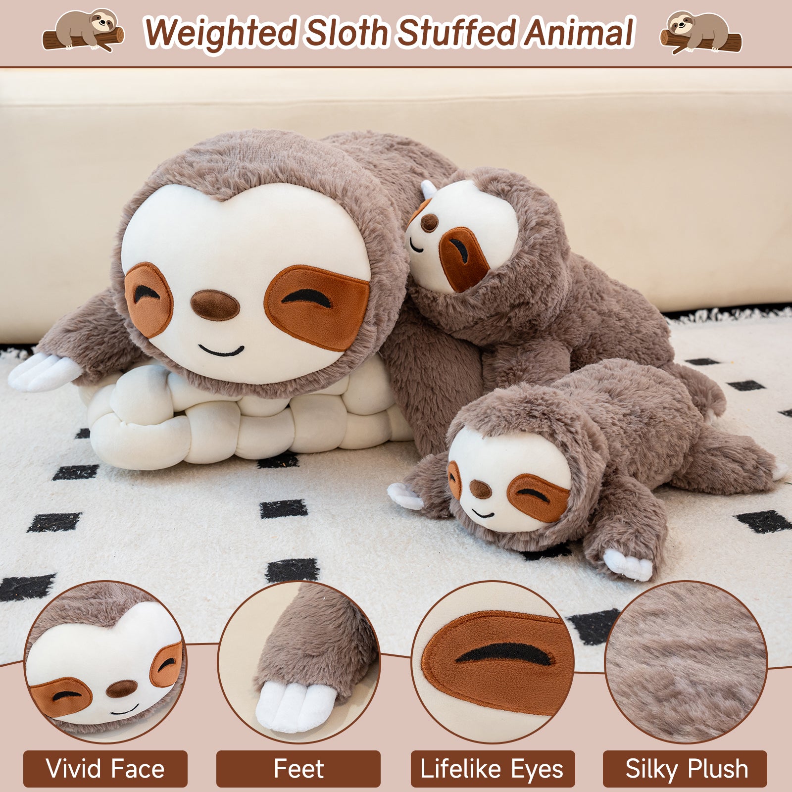 SQEQE weighted sloth stuffed animal shown in a plush feature and construction guide