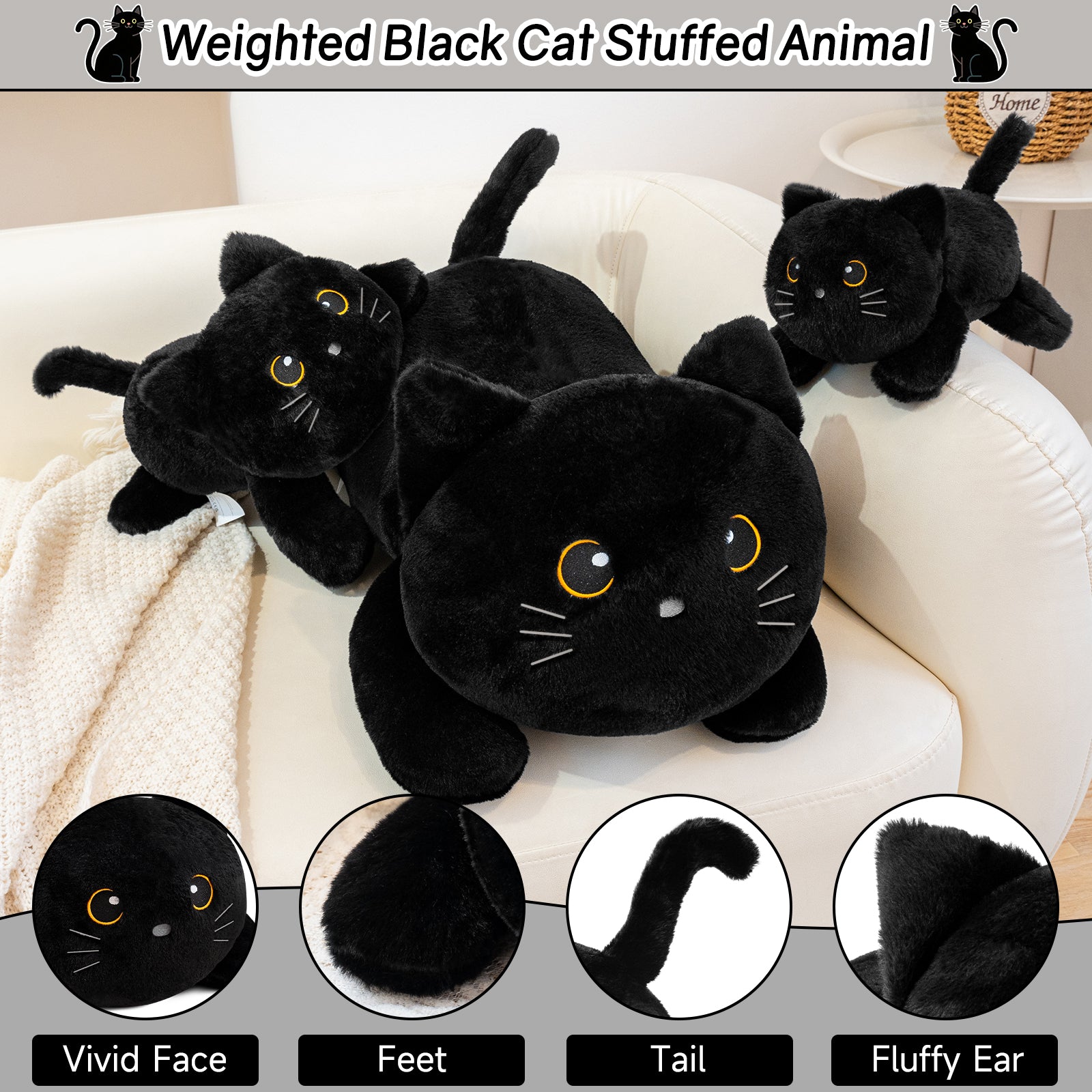 SQEQE weighted cat stuffed animal shown in a plush feature and construction guide