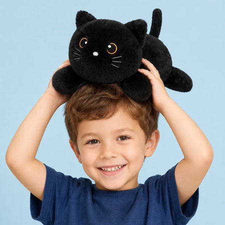 Child holding a black cat plush toy above their head against a blue background