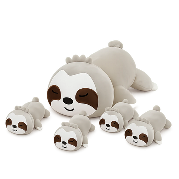 Sloth stuffed animal family set with one parent plush and four baby sloths