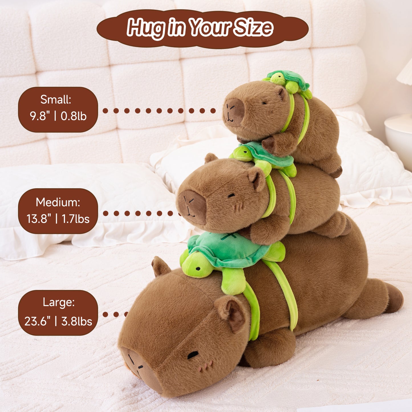 SQEQE weighted capybara stuffed animal hugged by a child during sleep