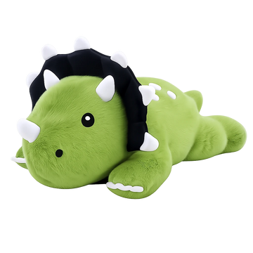 Green triceratops stuffed animal presented alone against a dark background