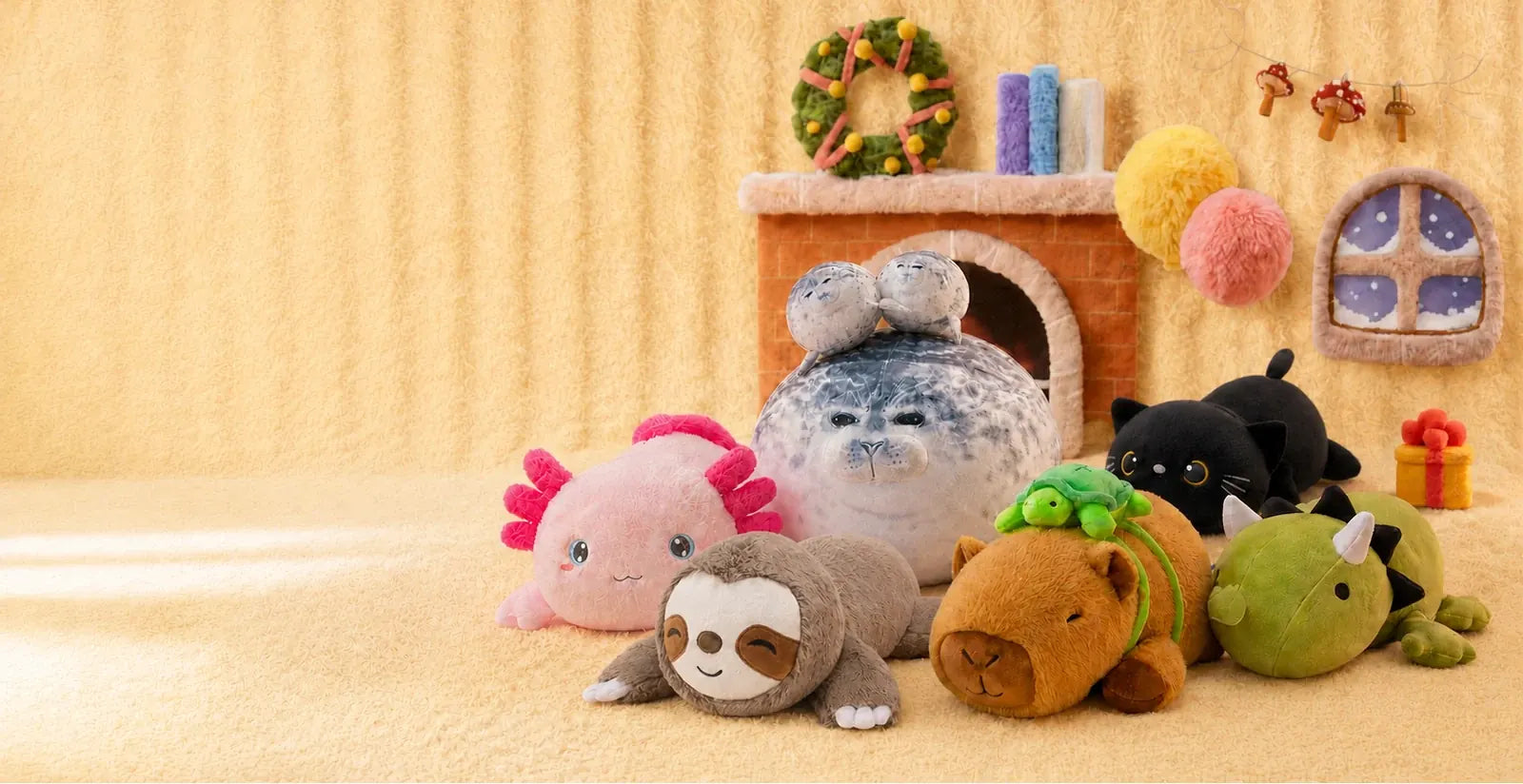 SQEQE axolotl, sloth, seal, cat, capybara and triceratops stuffed animals arranged by a fireplace