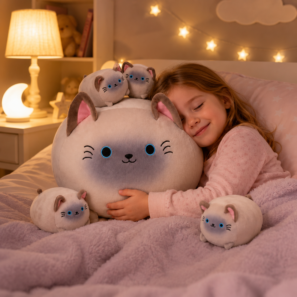 SQEQE Siamese cat stuffed animal with babies shared by a child during quiet bedtime play