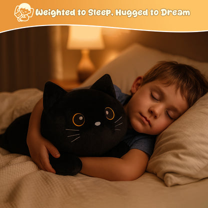 SQEQE weighted cat stuffed animal hugged by a child under warm bedroom lighting