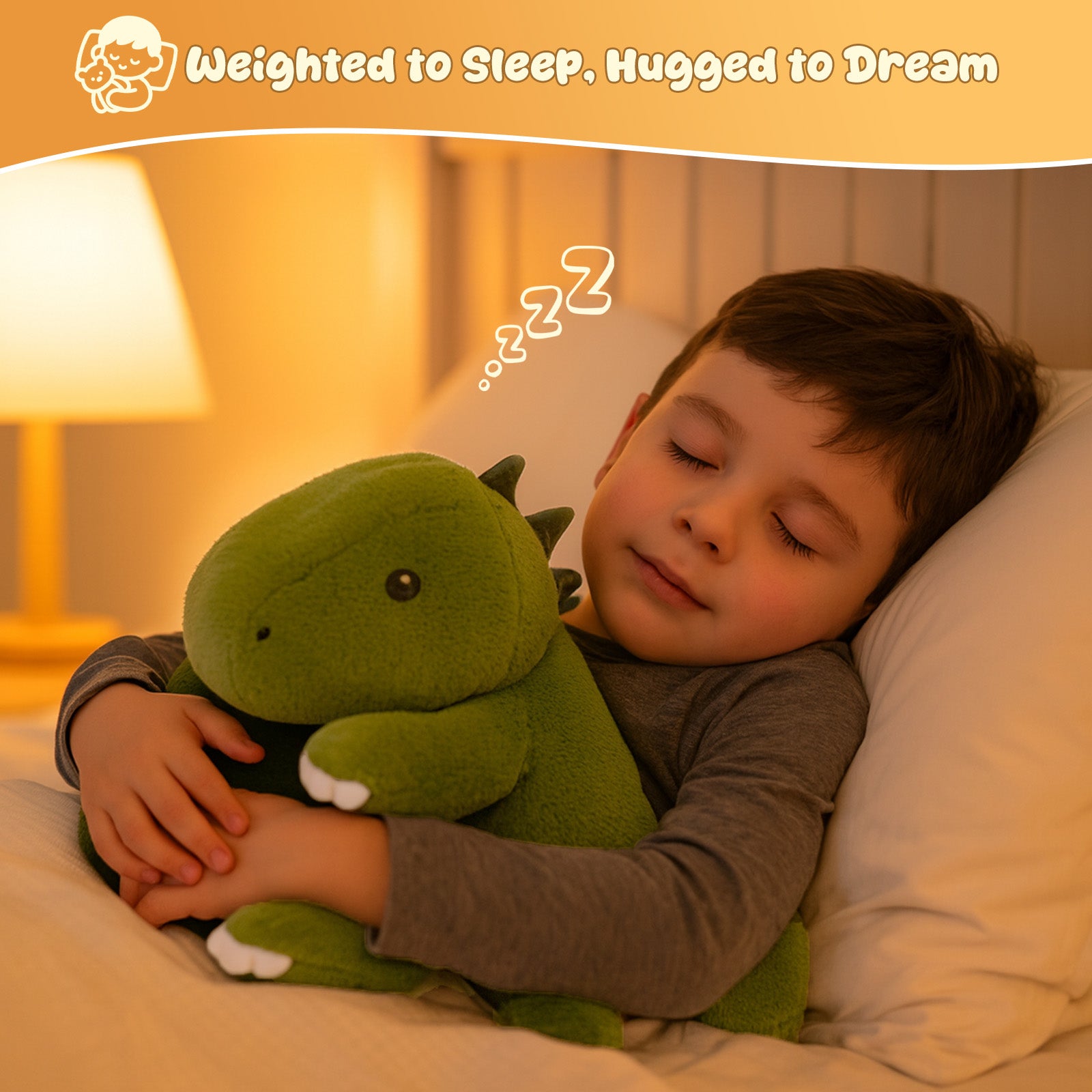 SQEQE weighted dinosaur stuffed animal hugged by a child during sleep
