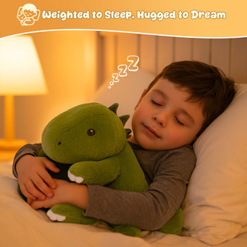 Front view of a green stegosaurus plush toy in a full product display