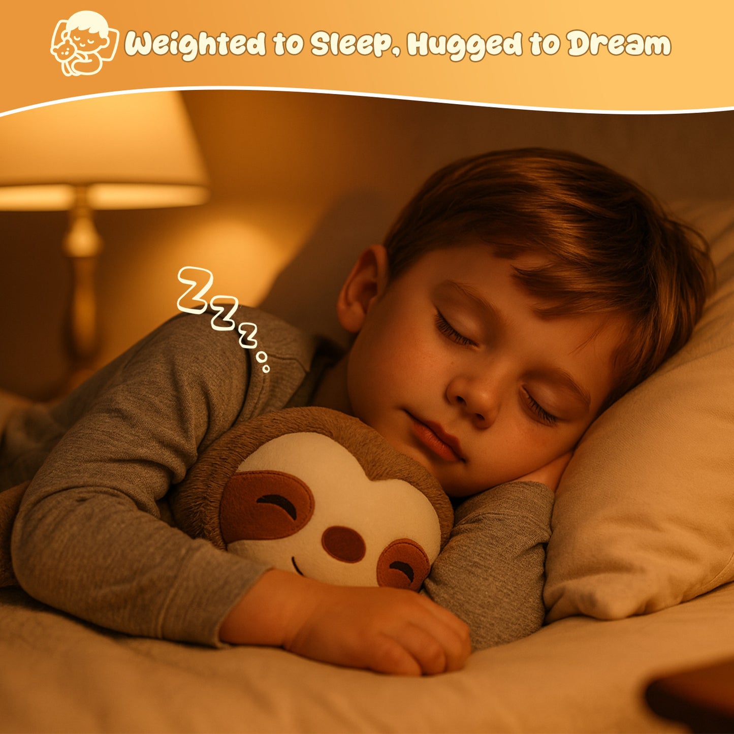 SQEQE weighted sloth stuffed animal hugged by a child during sleep