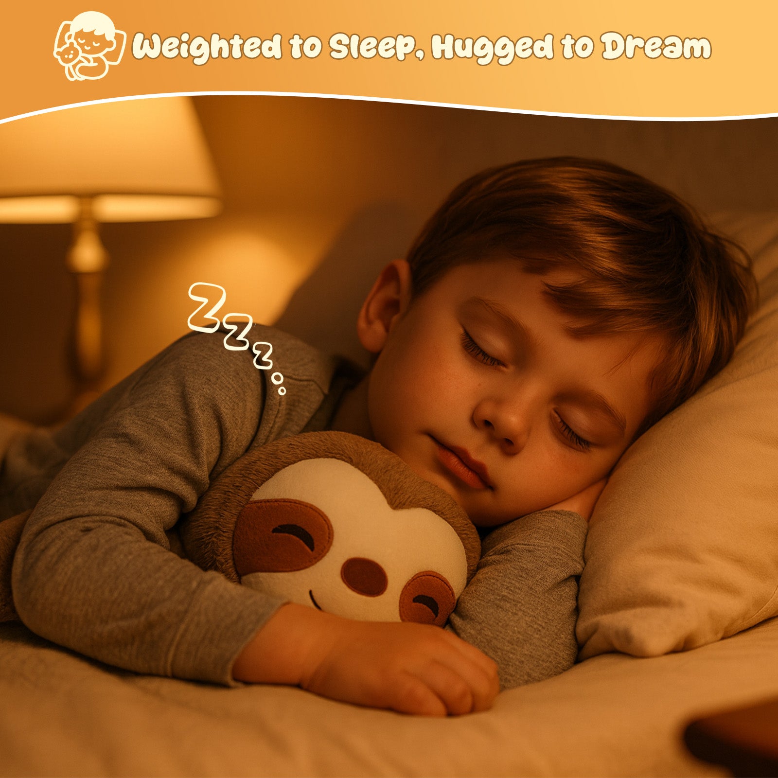SQEQE weighted sloth stuffed animal hugged by a child during sleep