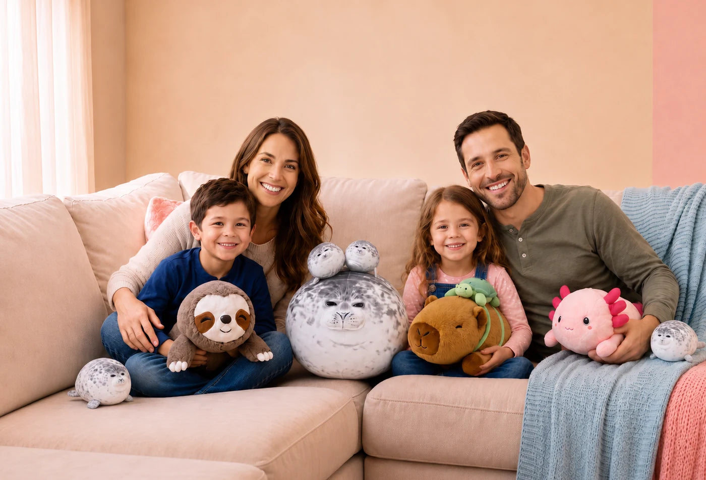 Two adults and two children holding sloth, seal, capybara and axolotl stuffed animals on a living room sofa