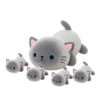 Gray cat plush family set with one parent stuffed animal and four baby cats
