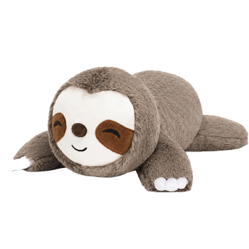 Gray sloth plush toy displayed alone on a transparent background