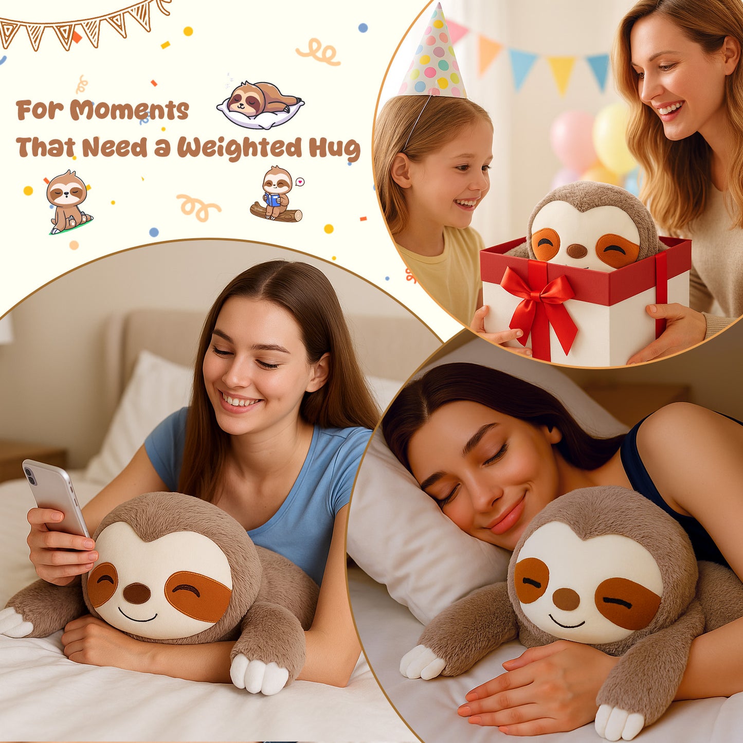 SQEQE weighted sloth stuffed animal featured across gifting reading and bedtime scenes