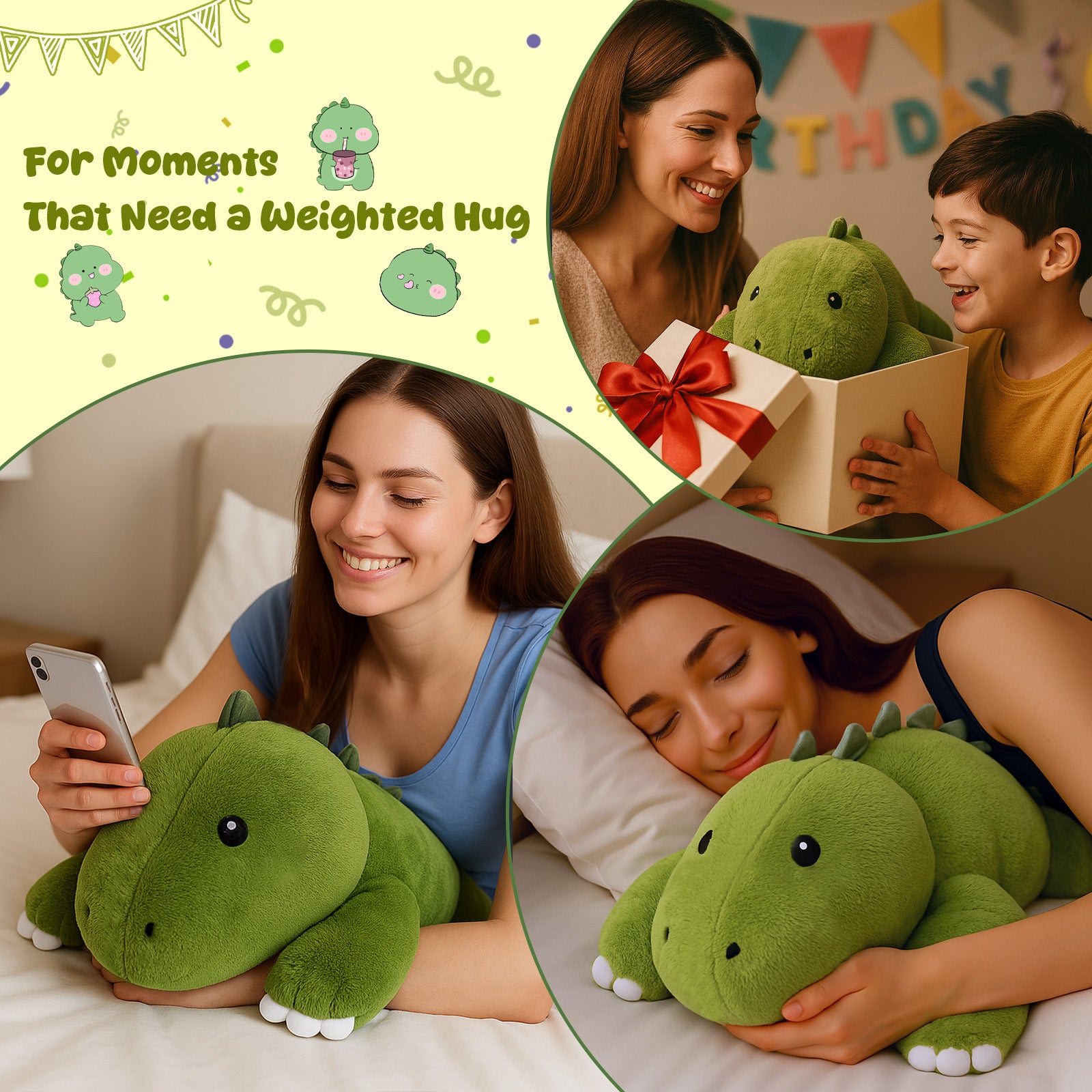 SQEQE weighted dinosaur stuffed animal featured across gifting reading and bedtime scenes