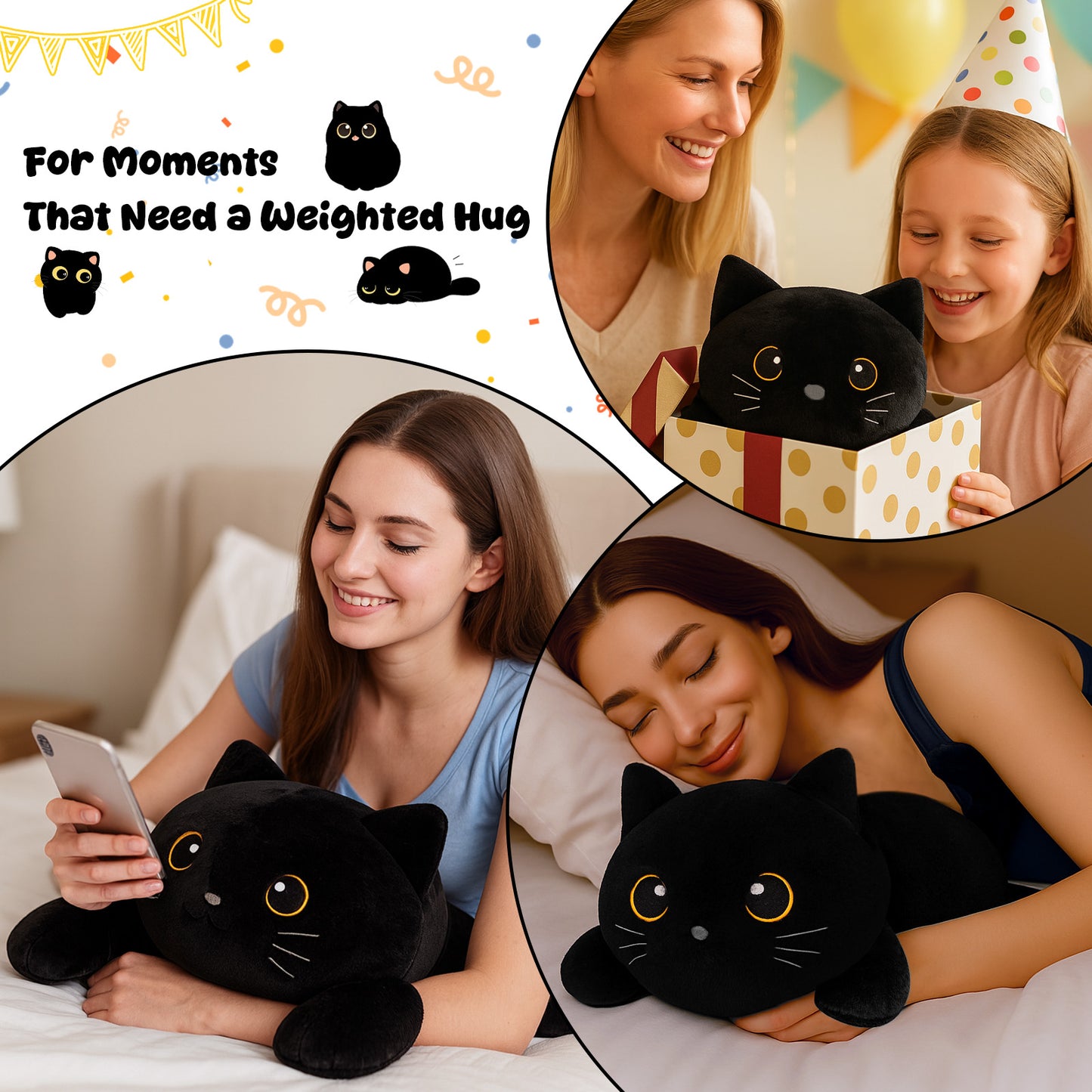 SQEQE weighted cat stuffed animal featured across gifting reading and bedtime scenes