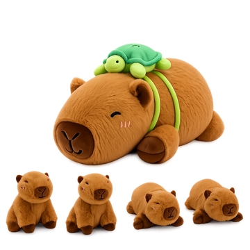 Capybara plush family set with four baby stuffed animals and a turtle plush