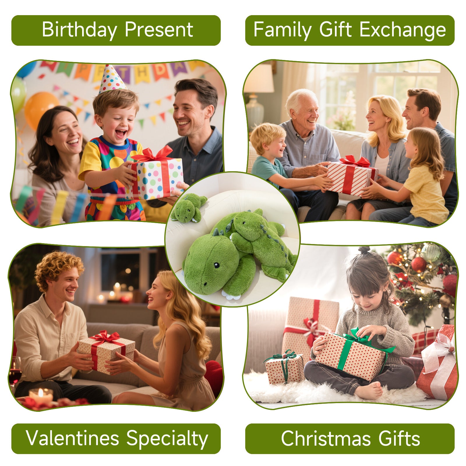 SQEQE weighted dinosaur stuffed animal shown in a family gift occasion collage