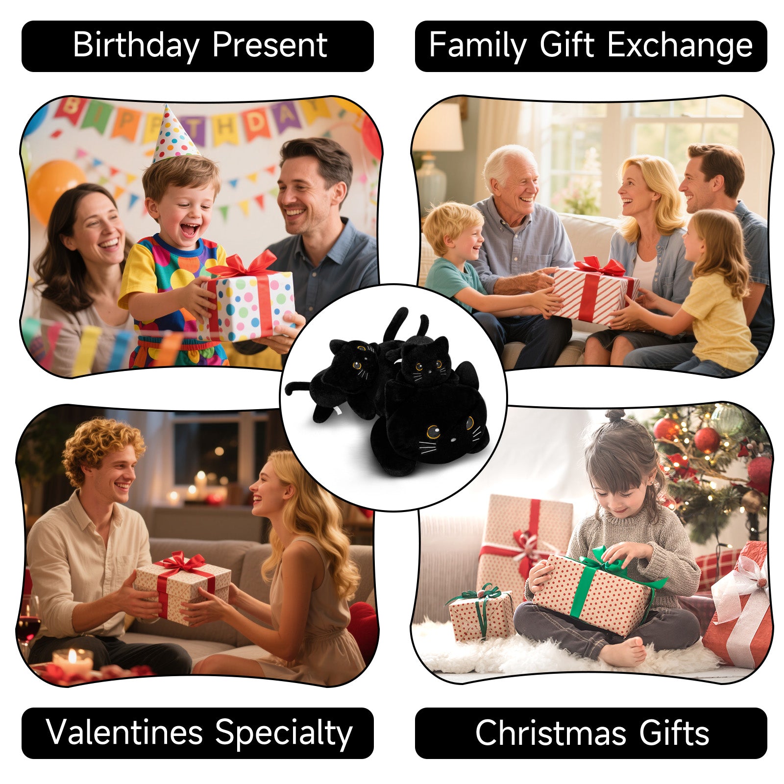 SQEQE weighted cat stuffed animal shown in a family gift occasion collage