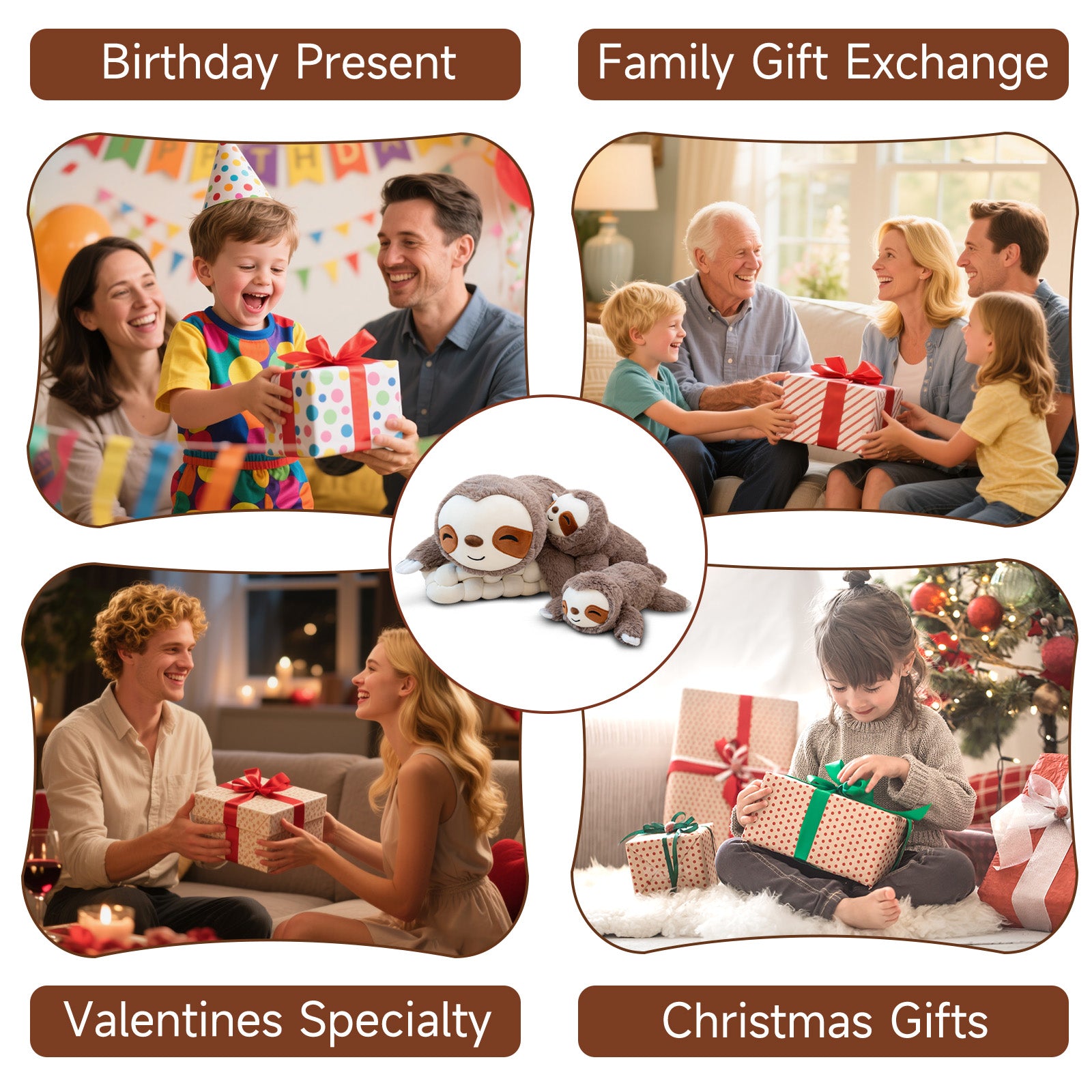 SQEQE weighted sloth stuffed animal shown in a family gift occasion collage