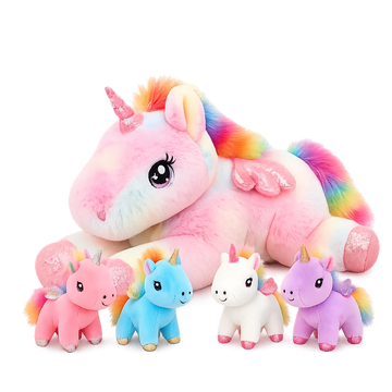 Unicorn stuffed animal family set with one parent plush and four baby unicorns
