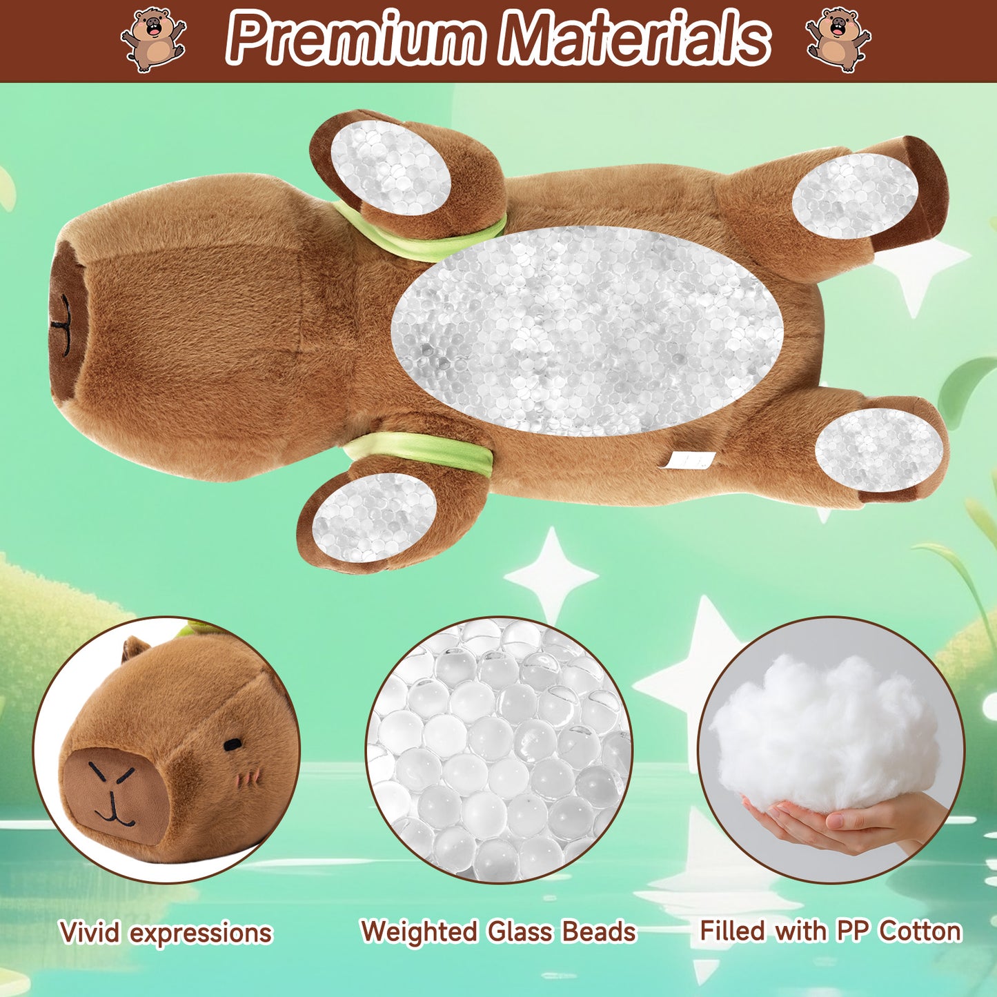 SQEQE weighted capybara stuffed animal displayed in three size options for comparison