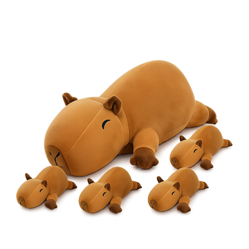 Capybara plush family set with one parent stuffed animal and four baby capybaras
