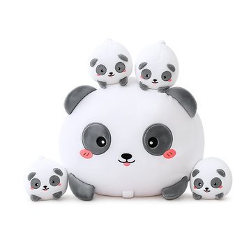 Panda plush family set with one parent stuffed animal and four baby pandas