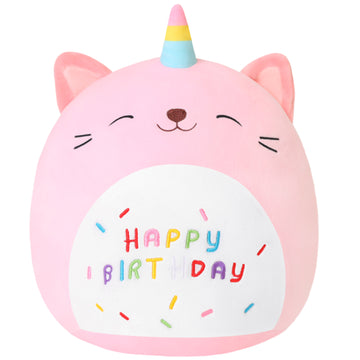 SQEQE birthday cat plush pillow shown in a branded studio product display