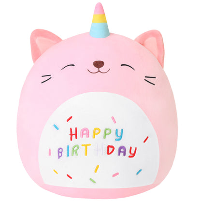 SQEQE birthday cat plush pillow isolated on a plain background for a front product view