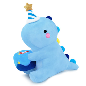 SQEQE birthday dinosaur stuffed animal shown in a second branded birthday studio view